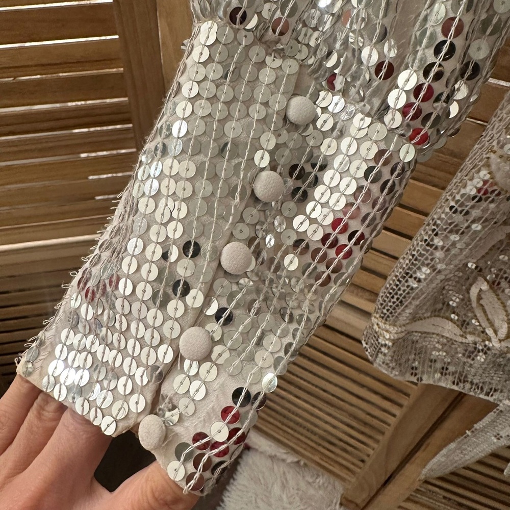 ASOS EDITION floral sequin wrap mini dress in white and silver size 12 - Picture 10 of 10